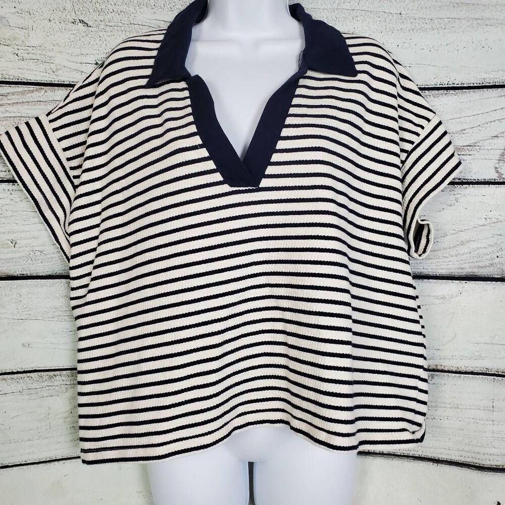 Maurices Women’s Striped Short Sleeve Polo Collar Top Navy White Size XXL